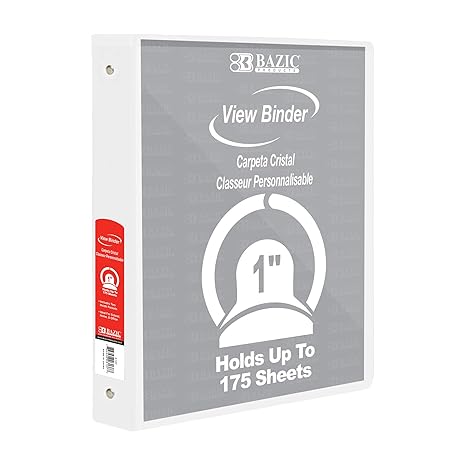 BAZIC 3 Ring 1" WHITE View Binder - (12/bx)