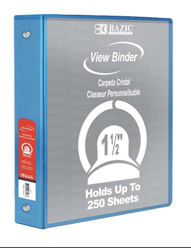 BAZIC 3 Ring 1.5" CYAN BLUE #4145 View Binder - (12/ctn)
