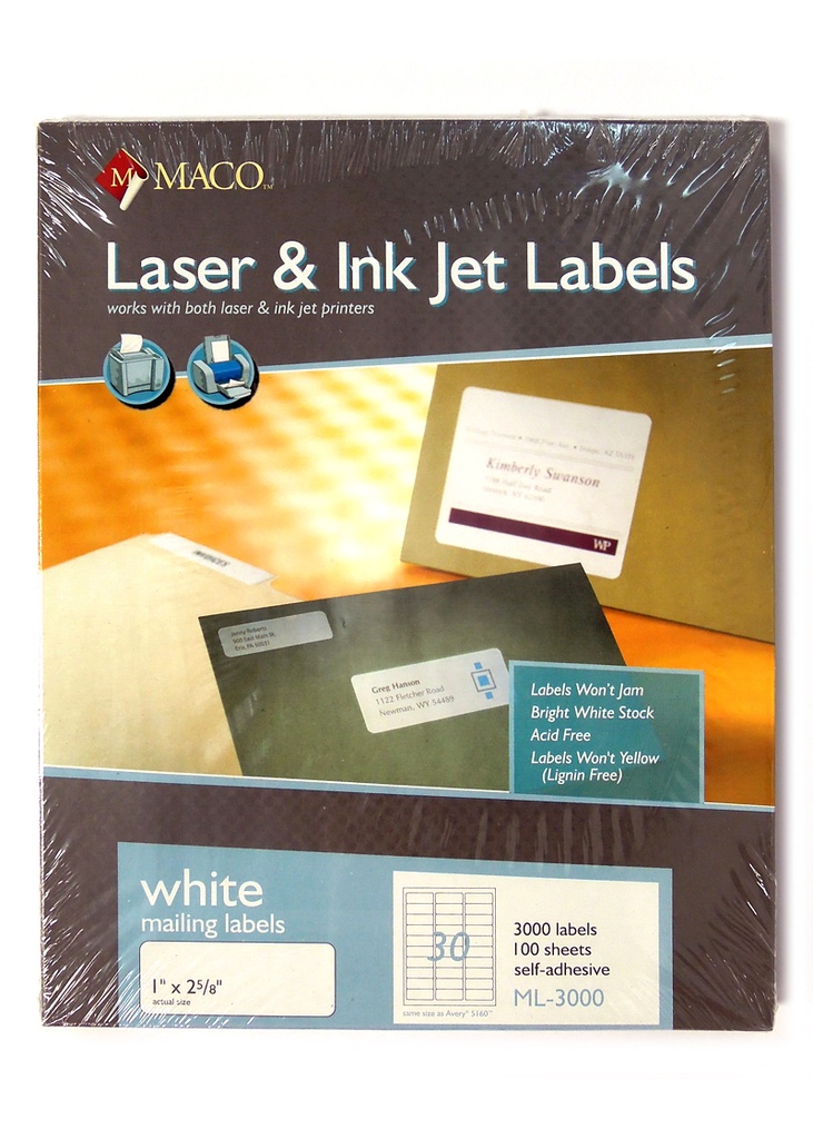 Maco Laser Labels 1x2-5/8" White 