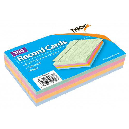 Tiger Record Ruled Cards 6x4" Coloured 100pk