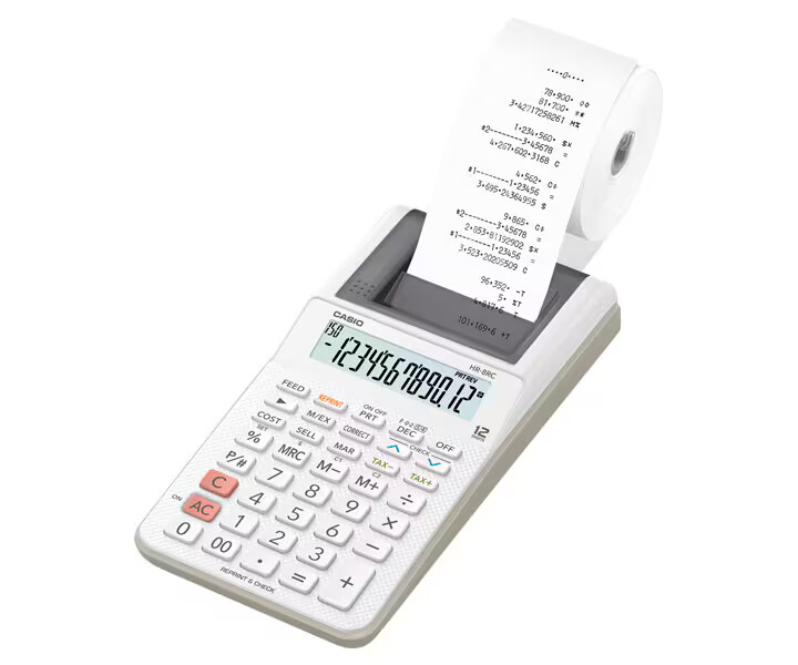 Casio Mini Printing 12 Digit with Adapter #HR-8RC White Calculator