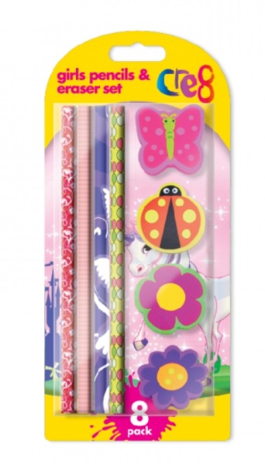Cre8 GIRLS Pencil & Eraser Set 8pk #P2783