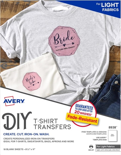 [AV8938] T-Shirt LIGHT Fabric Transfer 18/pk LS
