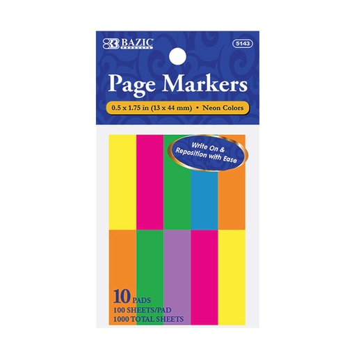 [BZ5143] Bazic Page Marker #5143 NEON 0.5"x1.75" 10pk 