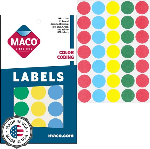 [MCRDLBAS] Maco Round Labels ASSORTED COLORS 3/4" 1000's - (18/bx)