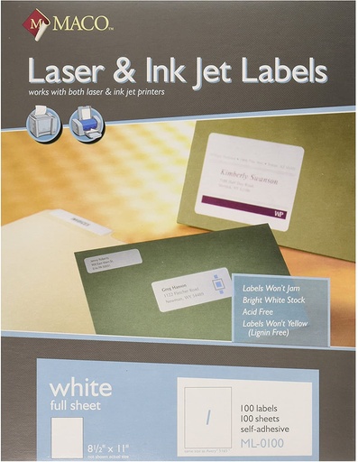 [ML0100] Maco Laser Labels 8-1/2x11 100/pk - (5/ctn)