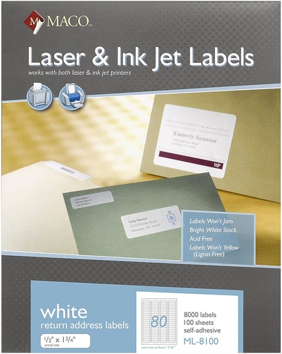 [ML8100] Maco Laser Labels 1/2x1 3/4" White 8000s  - (5/bx)