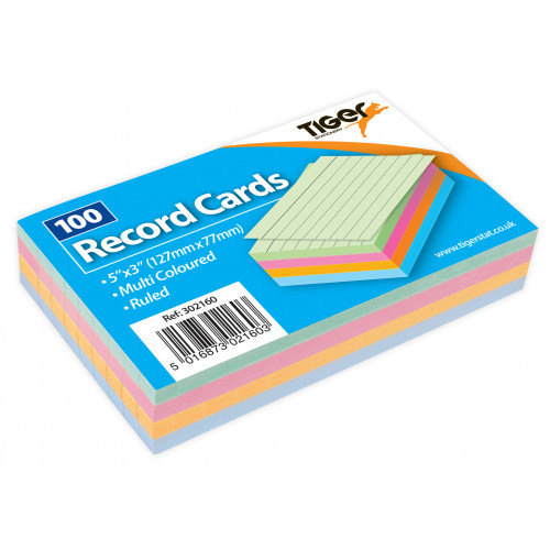 [TS302160] Tiger Record Ruled Cards 5x3" Coloured 100pk