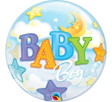 [SD23597Q] Qualatex 22" Moon & Stars Baby Boy Bubble Balloon w/Helium, Ribbon & Bubble Weight