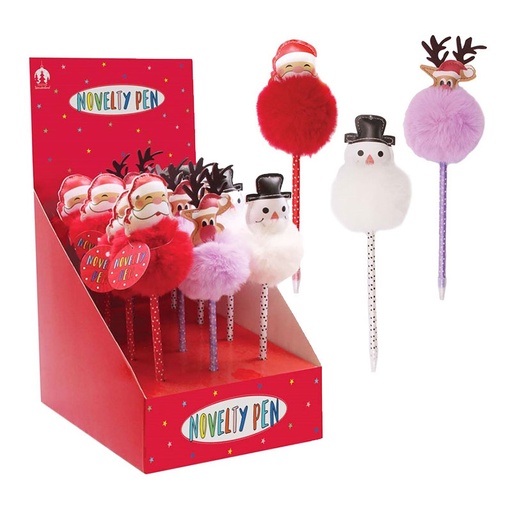 [SDX9723A] XMAS Fluffy Top Novelty Character Pen 3 Designs -  Singular (12/Display box)