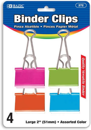 [BZ272] Bazic Binder (Foldback) LARGE Coloured 2" Clips (Per 4Pk) - (24/bx)
