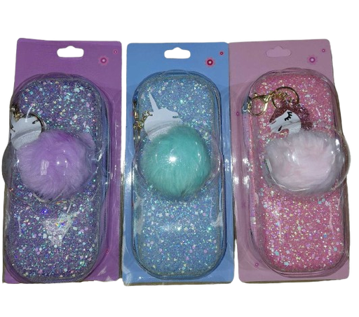 [IMBX158] Pencil Case Glittered #8826 w/Unicorn Pom Pom Asst Cols (Molded)