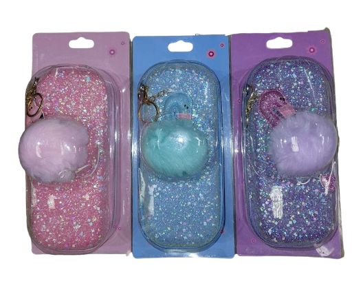 [IMBX157] Pencil Case Glittered #8825 w/Flamingo Pom Pom Asst Cols (Molded)