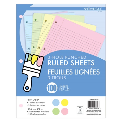 [MR10384001] Refill Ruled Coloured Sheets 3 Hole 100pk #1038-4001